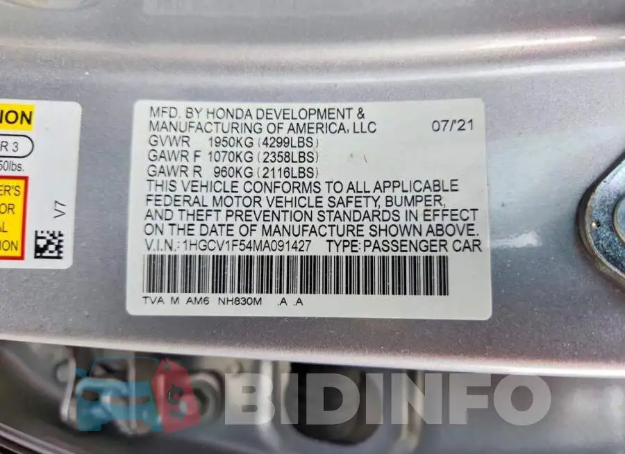 1HGCV1F54MA091427 Photo# 12