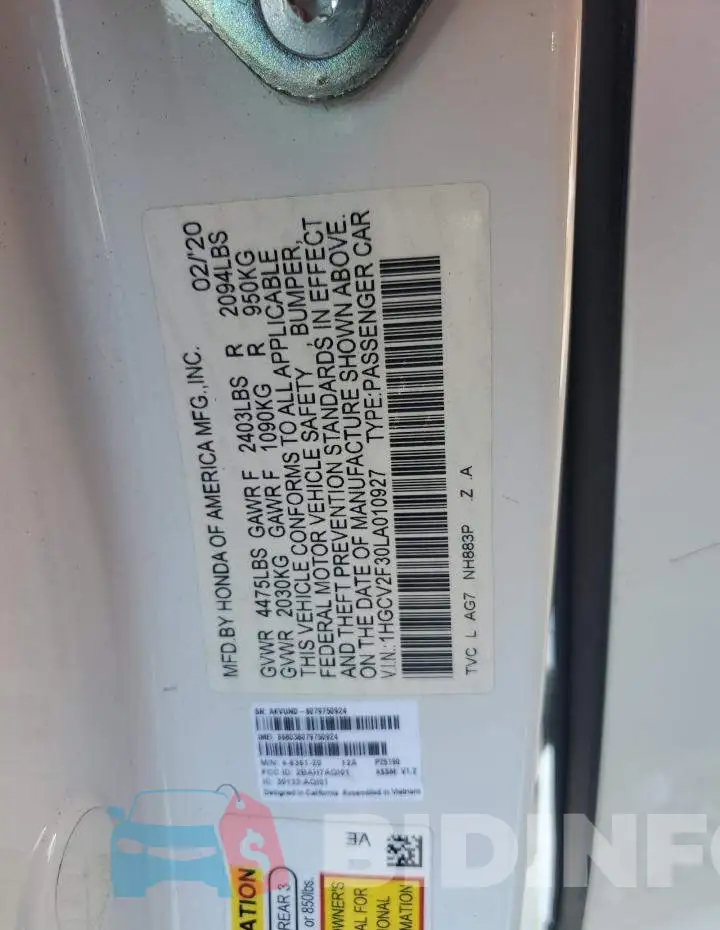1HGCV2F30LA010927 Photo# 12