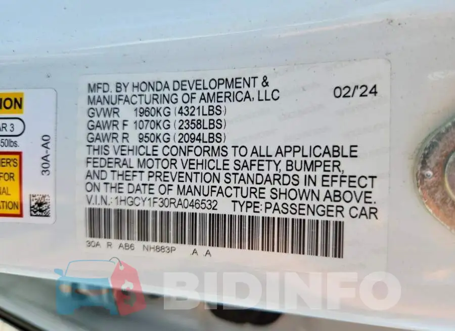 1HGCY1F30RA046532 Photo# 12