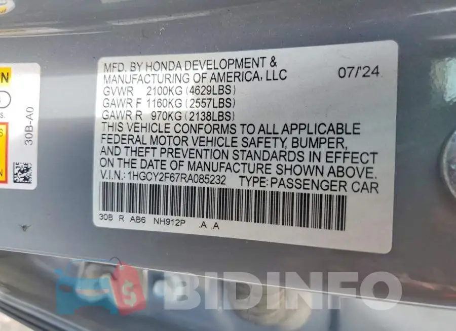 1HGCY2F67RA085232 Photo# 12