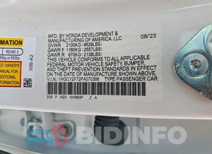1HGCY2F72PA070398 Photo# 12