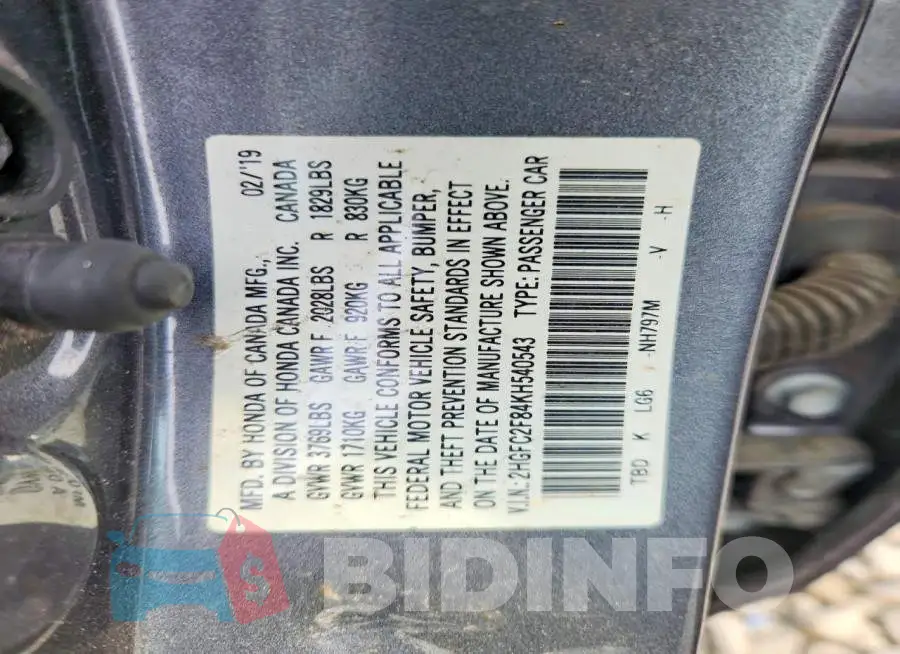 2HGFC2F84KH540543 Photo# 12