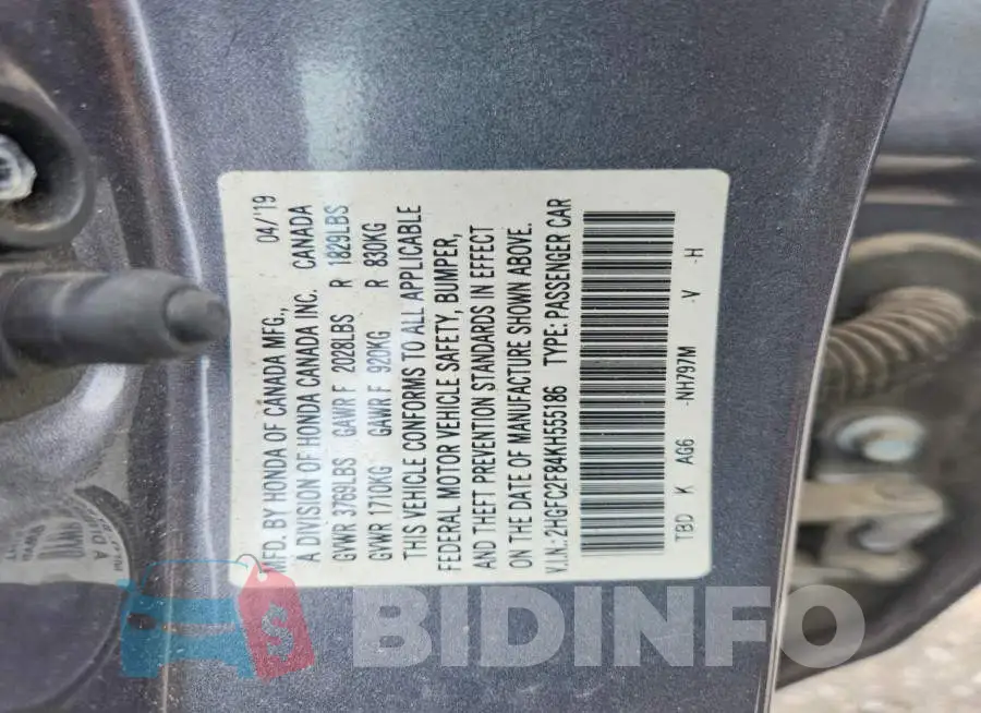 2HGFC2F84KH555186 Photo# 12