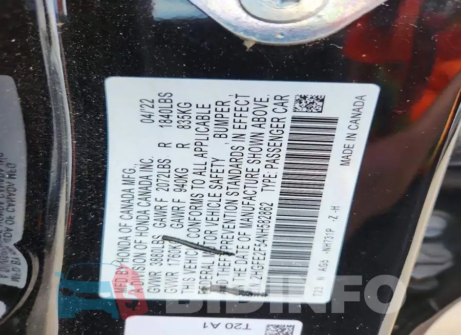 2HGFE2F54NH582862 Photo# 12