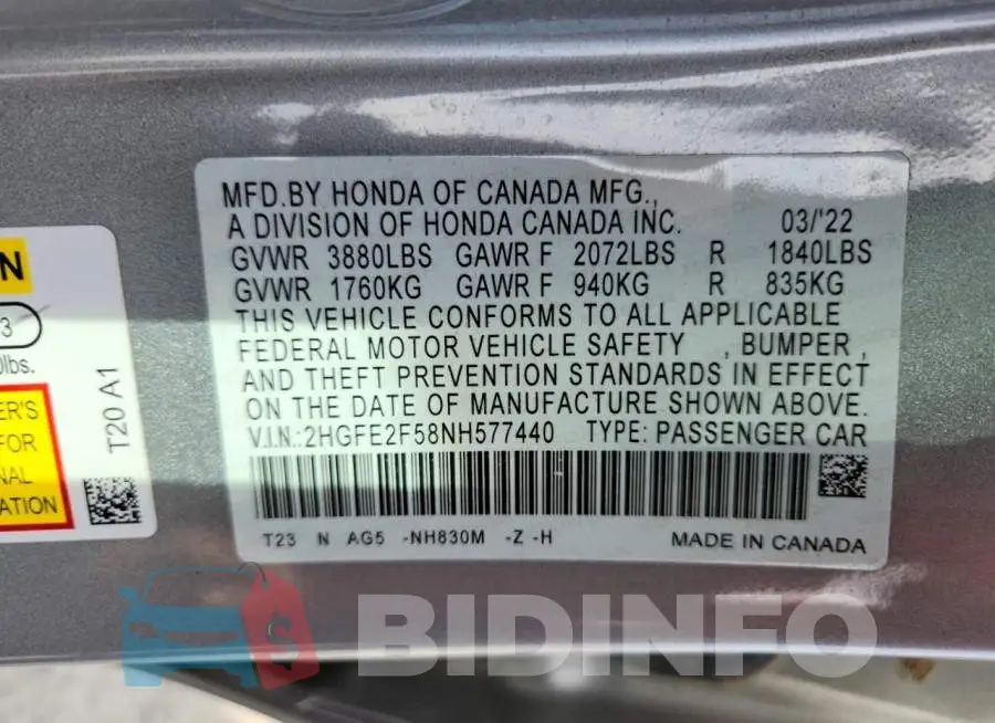 2HGFE2F58NH577440 Photo# 12