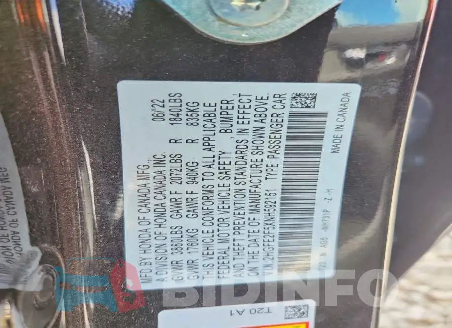 2HGFE2F5XNH592151 Photo# 12