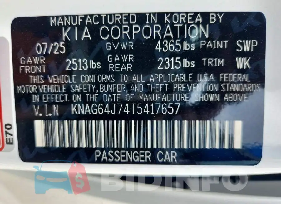 KNAG64J74T5417657 Photo# 13
