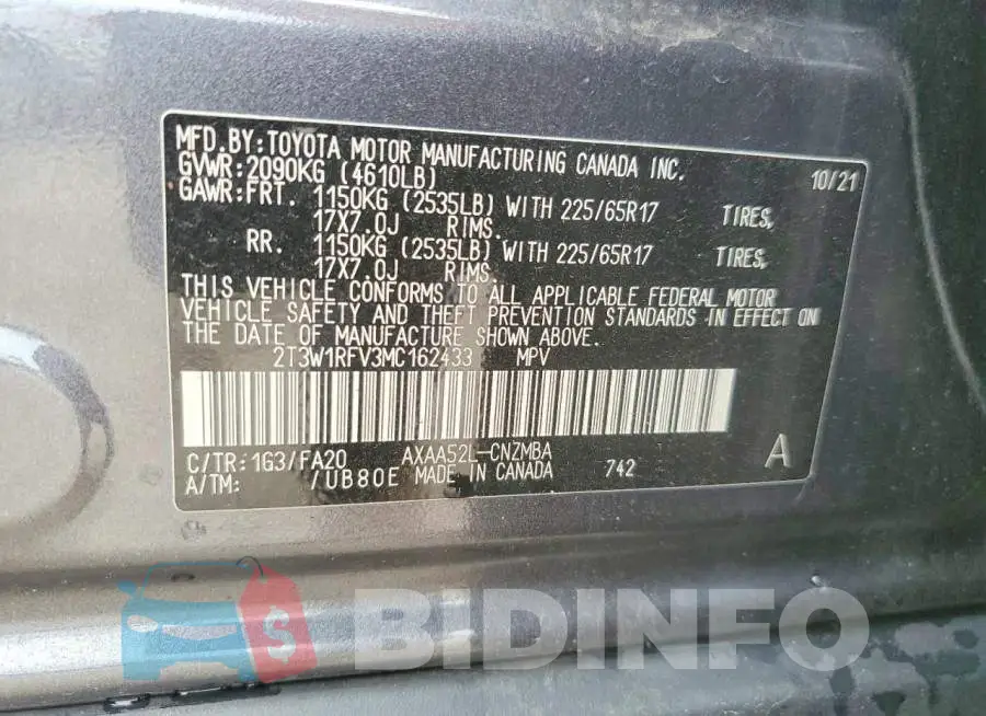 2T3W1RFV3MC162433 Photo# 13