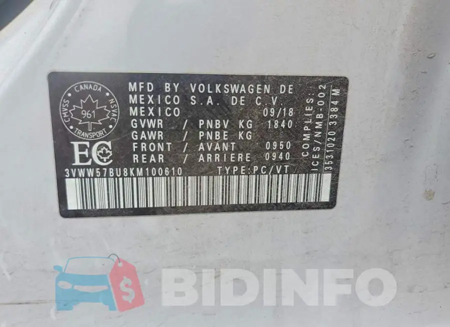 3VWW57BU8KM100610 Photo# 13