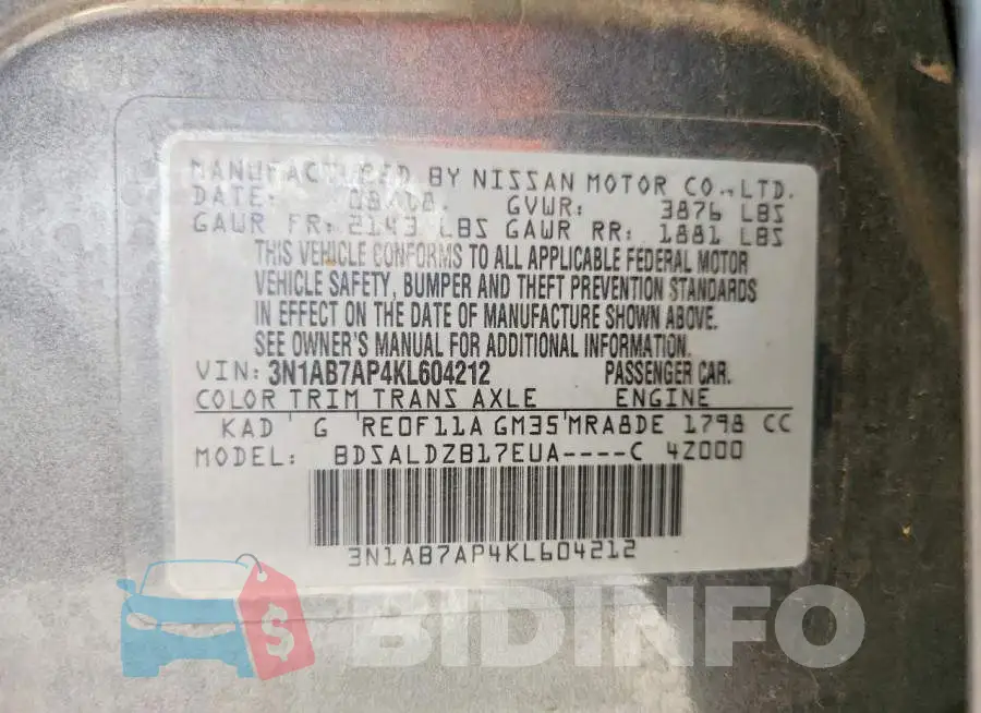 3N1AB7AP4KL604212 Photo# 12