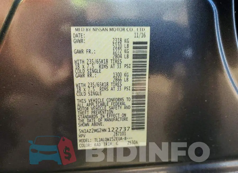 5N1AZ2MG2HN122737 Photo# 12