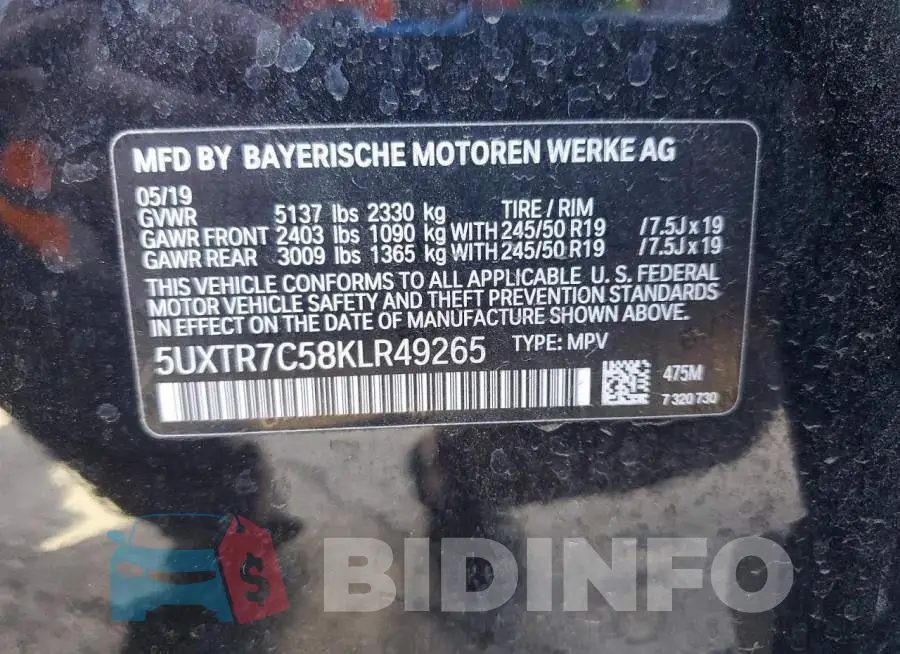 5UXTR7C58KLR49265 Photo# 12