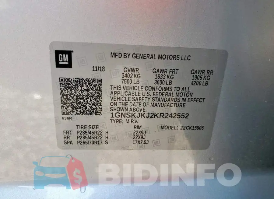 1GNSKJKJ2KR242552 Photo# 13