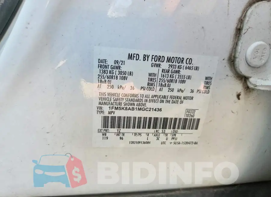 1FM5K8AB1MGC21436 Photo# 13