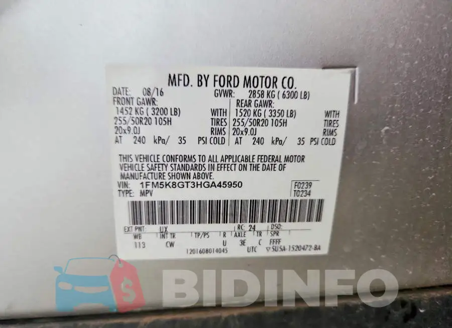 1FM5K8GT3HGA45950 Photo# 13