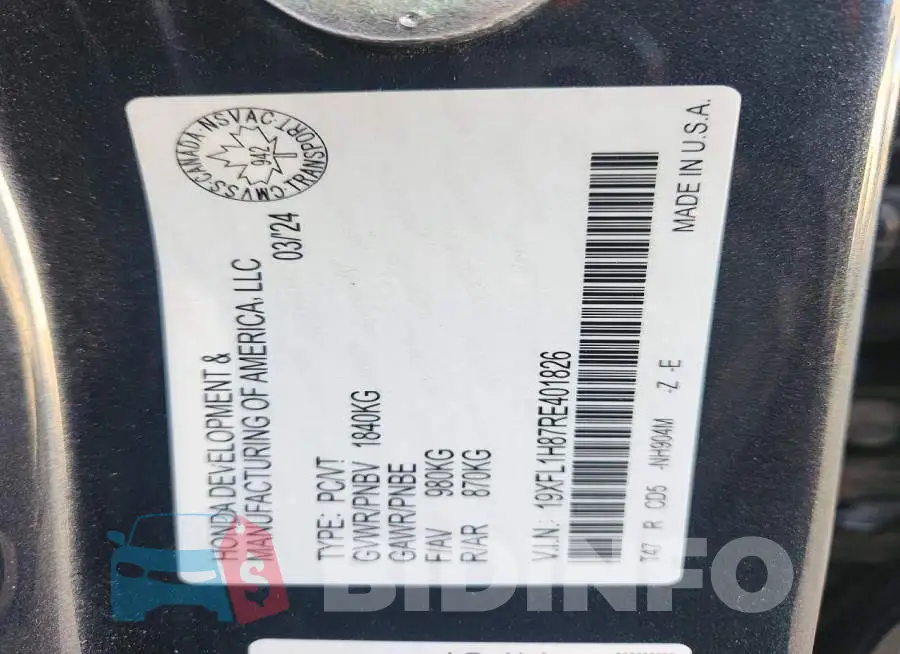 19XFL1H87RE401826 Photo# 13