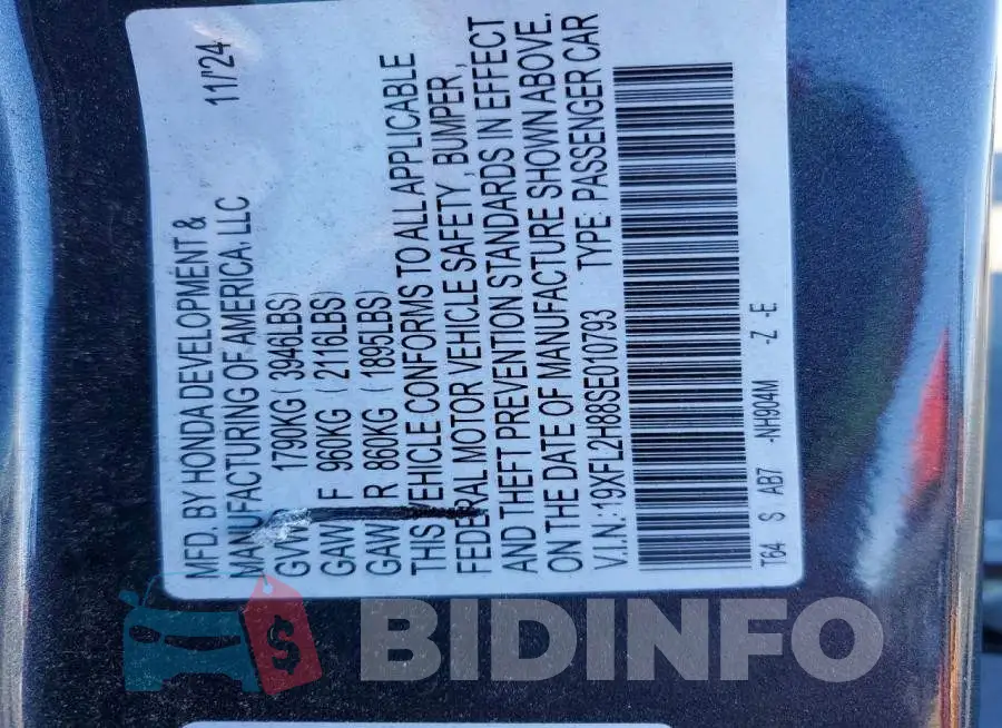 19XFL2H88SE010793 Photo# 12