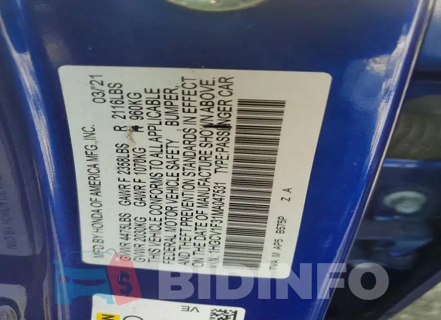 1HGCV1F31MA047531 Photo# 12