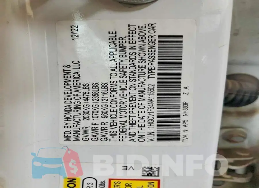 1HGCV1F34NA115502 Photo# 12