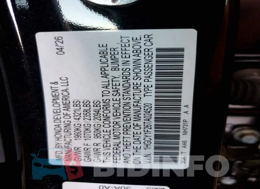 1HGCY1F26TA024520 Photo# 13