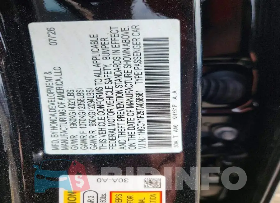 1HGCY1F29TA058581 Photo# 12