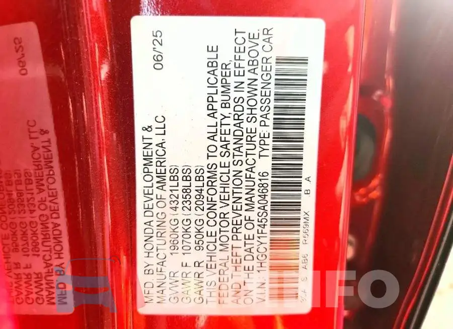 1HGCY1F45SA046816 Photo# 13