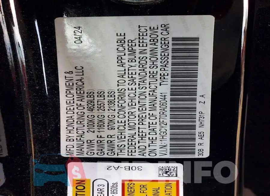 1HGCY2F70RA060441 Photo# 12