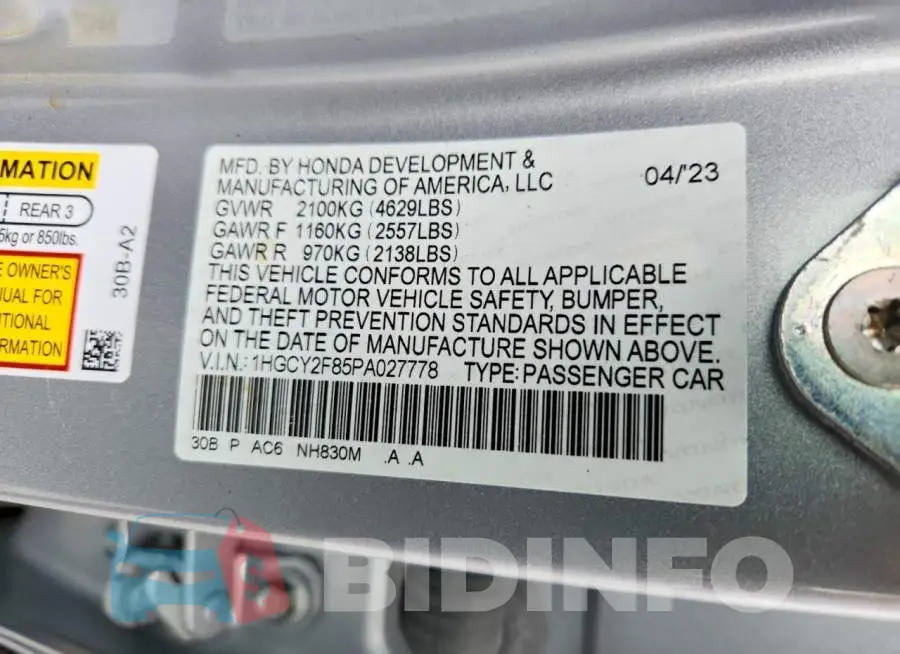 1HGCY2F85PA027778 Photo# 12