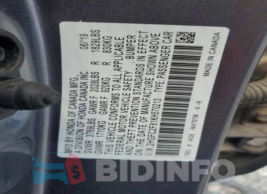 2HGFC2F81KH570213 Photo# 12