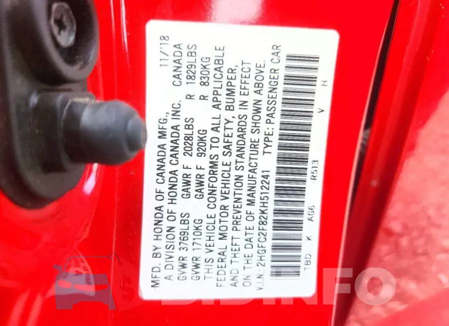 2HGFC2F82KH512241 Photo# 12