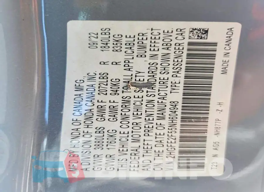 2HGFE2F55NH604948 Photo# 12