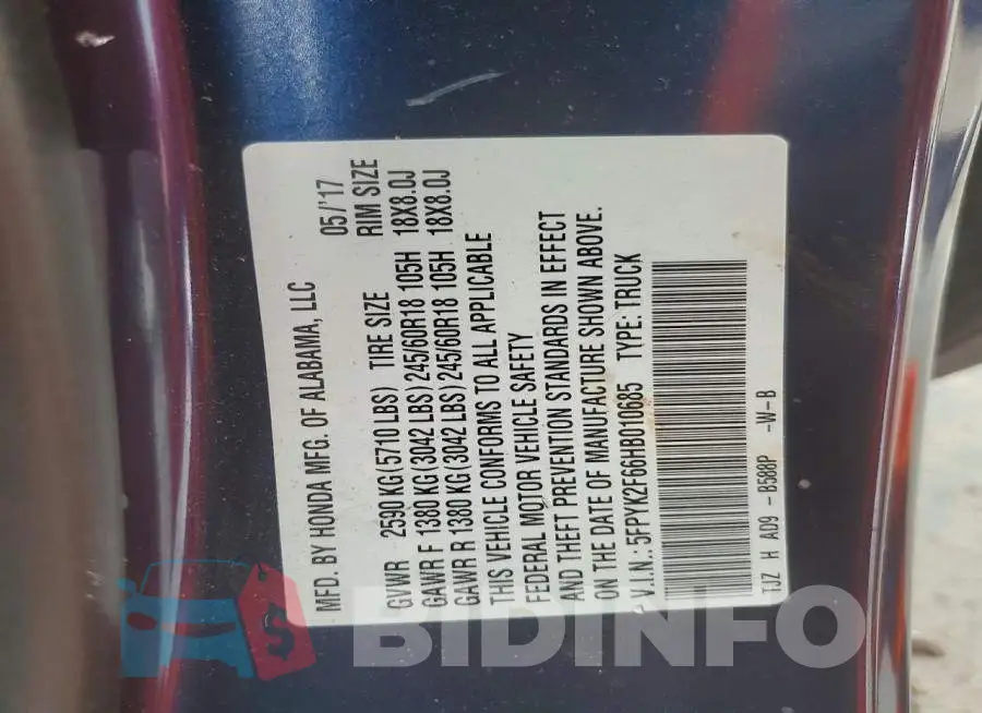 5FPYK2F66HB010685 Photo# 12