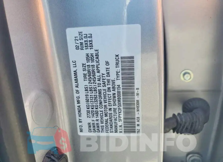 5FPYK3F5XMB008154 Photo# 12