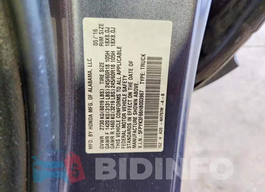 5FPYK3F66HB003967 Photo# 12