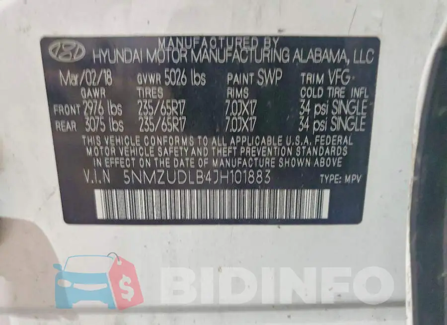 5NMZUDLB4JH101883 Photo# 14