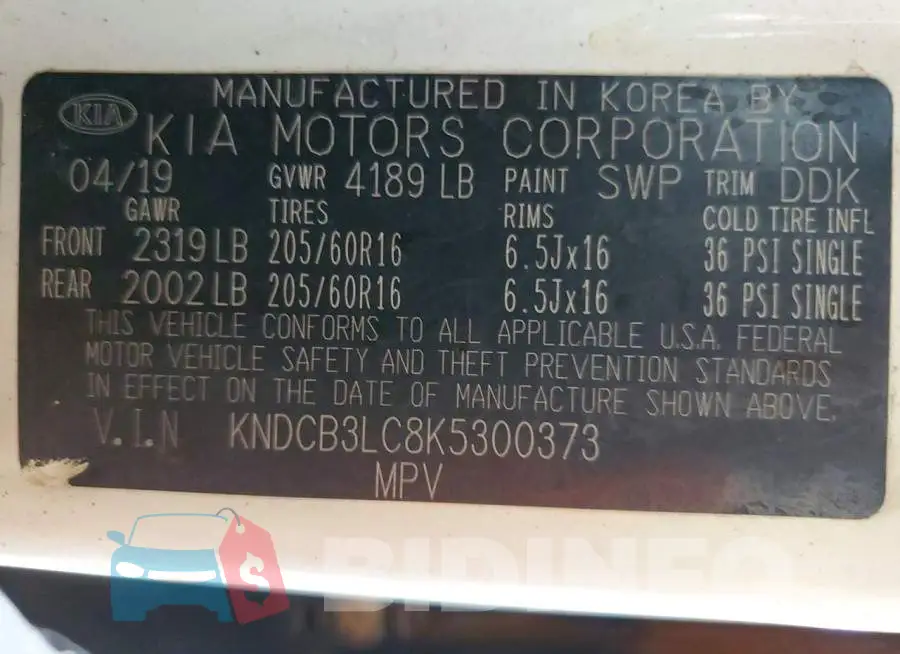 KNDCB3LC8K5300373 Photo# 12