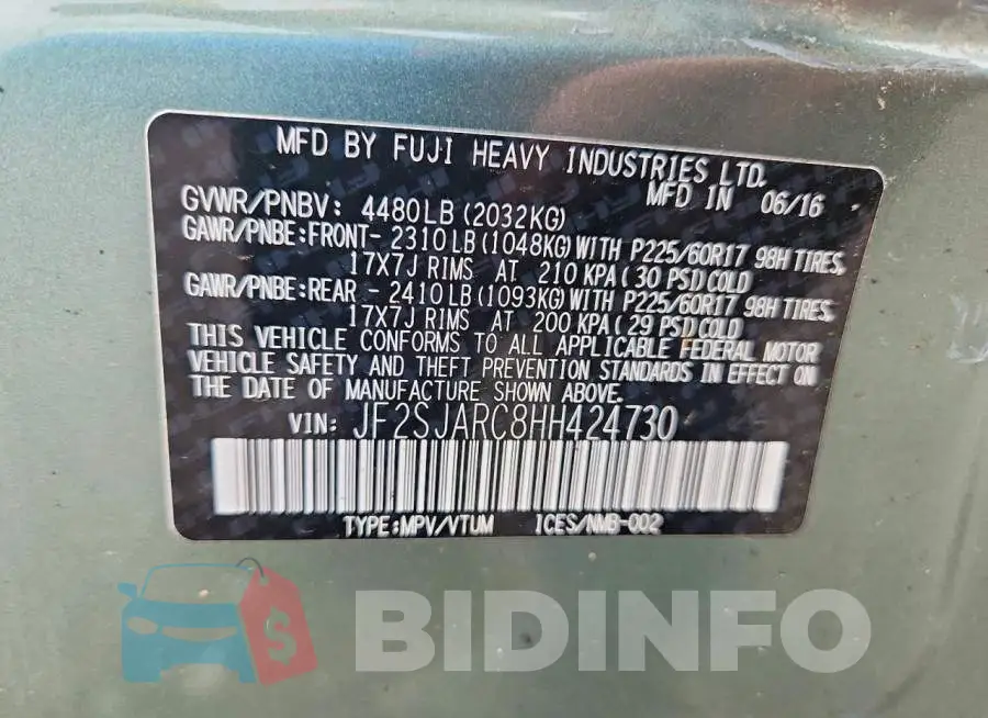 JF2SJARC8HH424730 Photo# 12