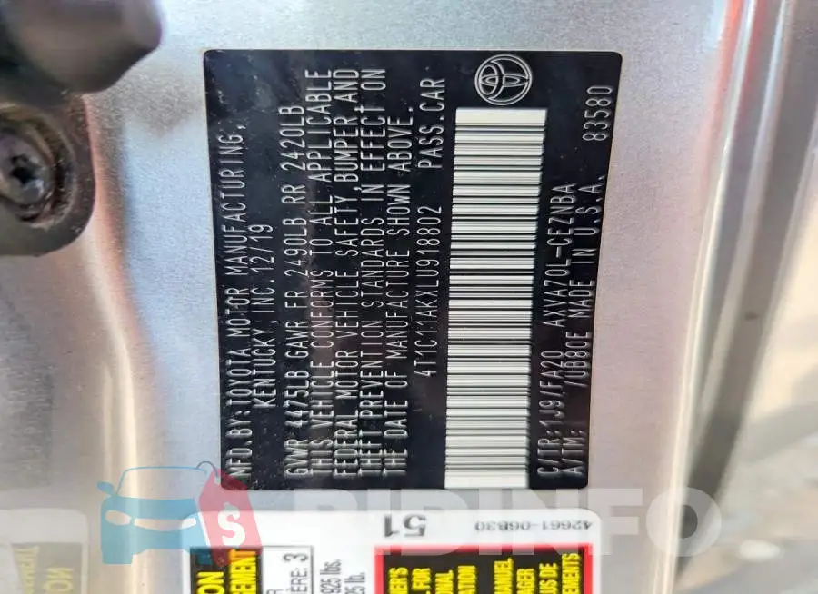 4T1C11AKXLU918802 Photo# 14