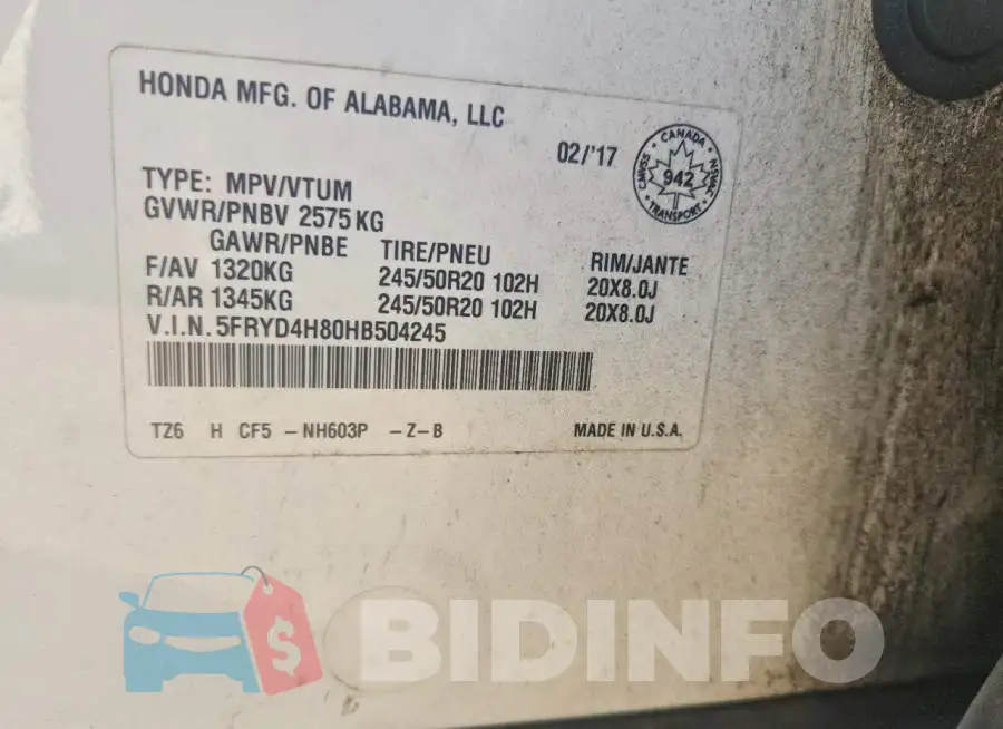 5FRYD4H80HB504245 Photo# 13