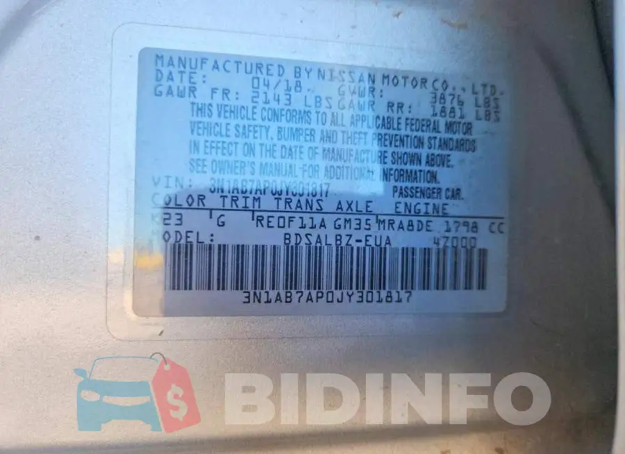 3N1AB7AP0JY301817 Photo# 12
