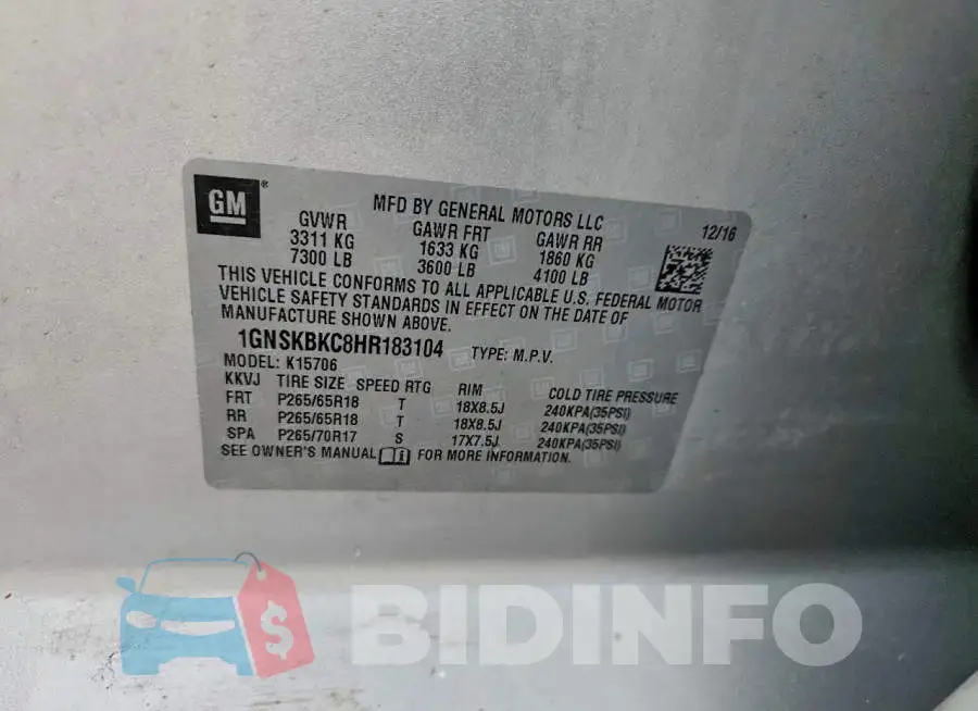 1GNSKBKC8HR183104 Photo# 13