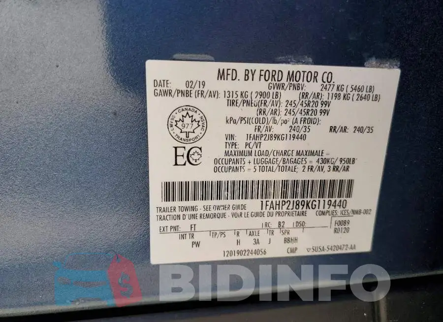 1FAHP2J89KG119440 Photo# 12