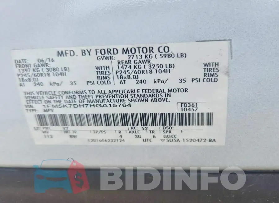 1FM5K7DH7HGA15764 Photo# 13