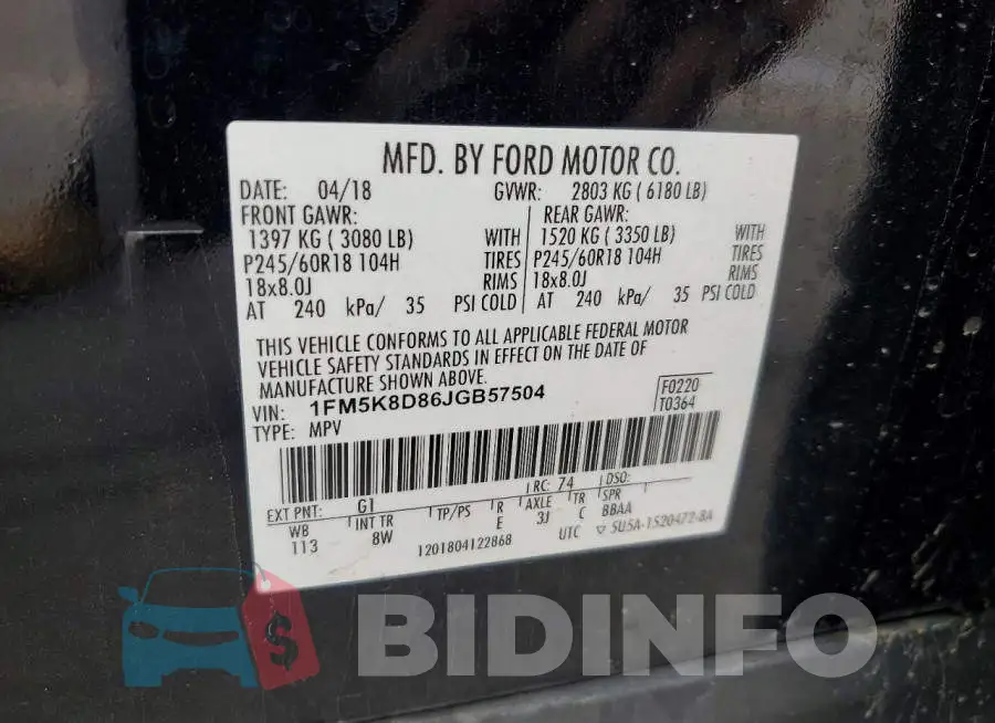 1FM5K8D86JGB57504 Photo# 13