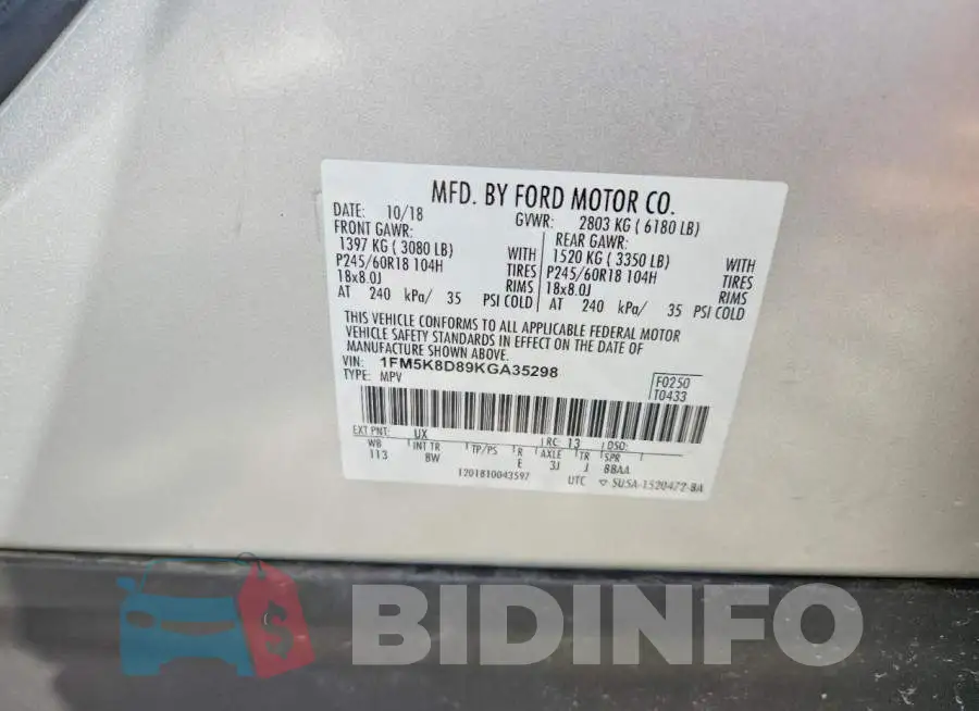 1FM5K8D89KGA35298 Photo# 14