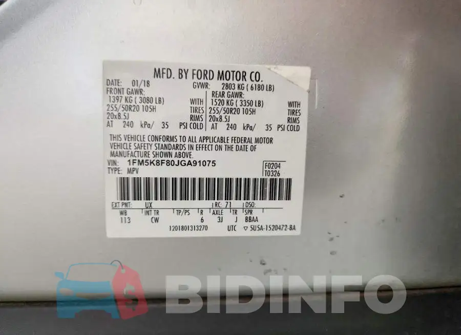 1FM5K8F80JGA91075 Photo# 14