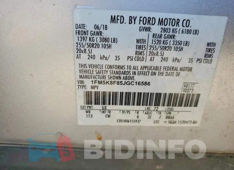 1FM5K8F85JGC16586 Photo# 13