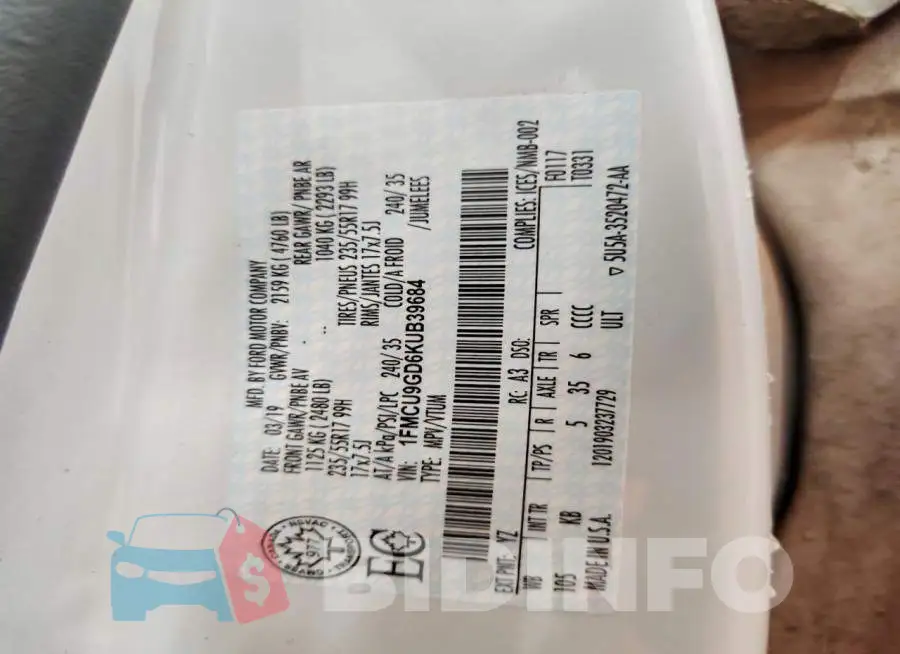 1FMCU9GD6KUB39684 Photo# 13