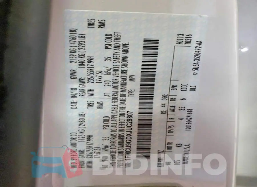 1FMCU9GDXJUC29807 Photo# 12
