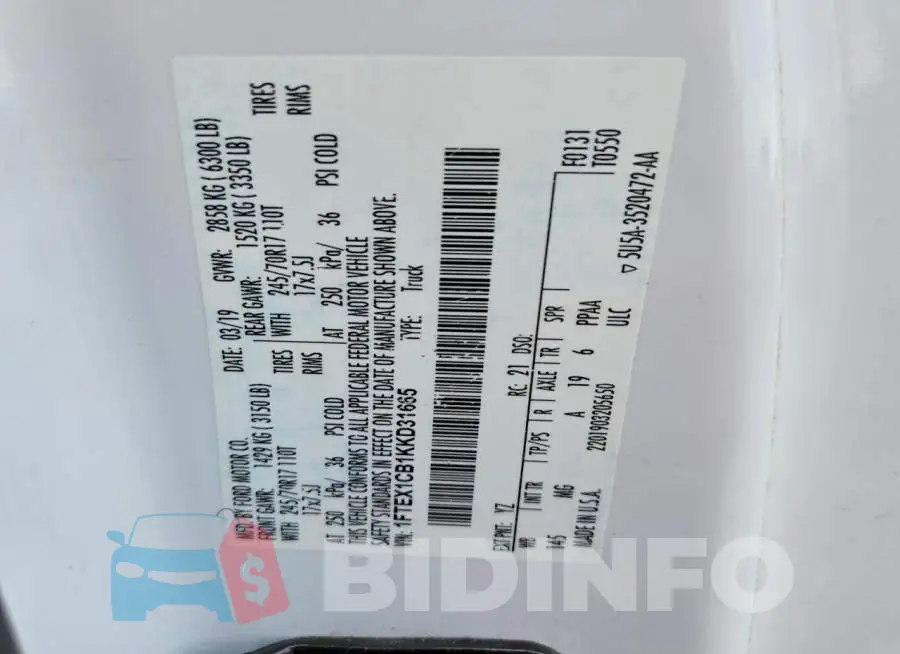1FTEX1CB1KKD31665 Photo# 13